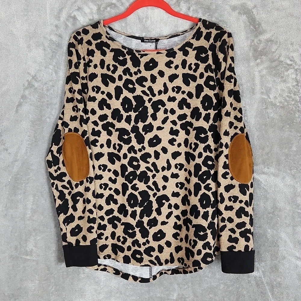 PINK CLOVER Animal print long sleeve soft top with elbow patch